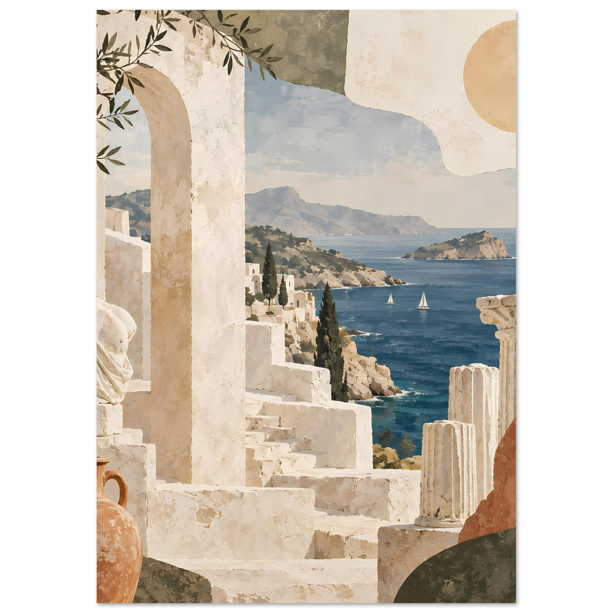 Urlaubs-Poster: Meerblick mit antiken Säulen und Treppen in mediterraner Küstenlandschaft