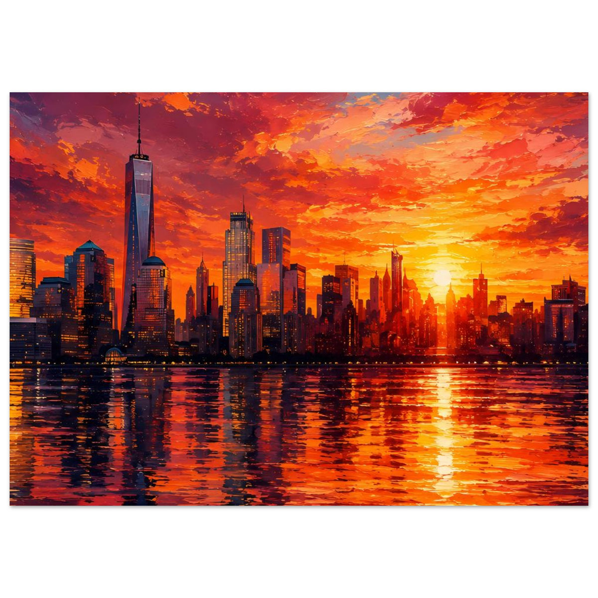 Poster mit New-York-Skyline bei Sonnenuntergang, One World Trade Center und Spiegelung
