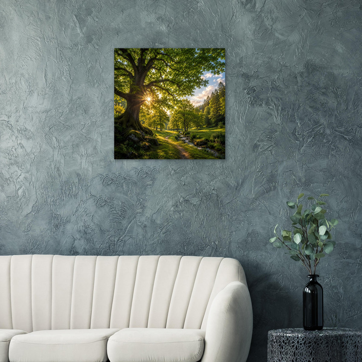 Waldlandschafts-Poster mit Licht durch Bäume, quadratisch, im schwarzen Rahmen