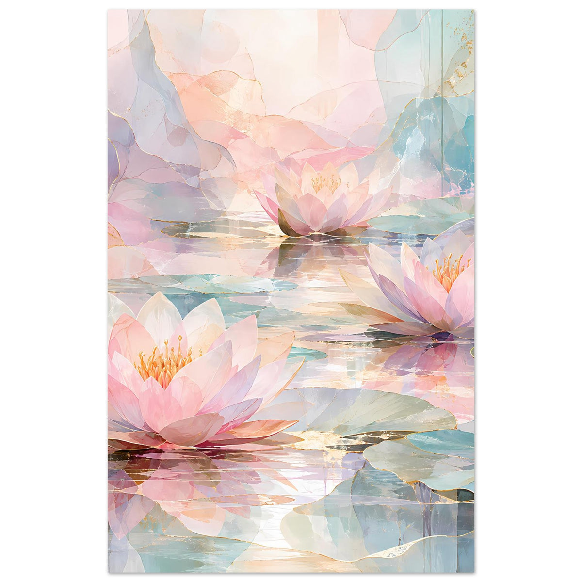 Florales Poster mit rosa Seerosen auf ruhigem Wasser, Pastellfarben und leichten Wellenreflexen.