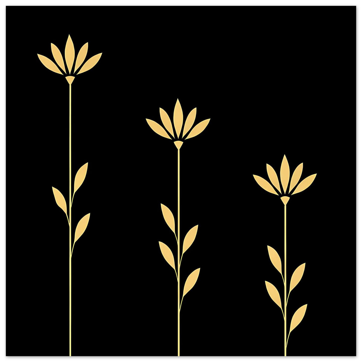 Botanisches Poster mit goldenen Blüten und Blumenstielen auf dunklem Hintergrund