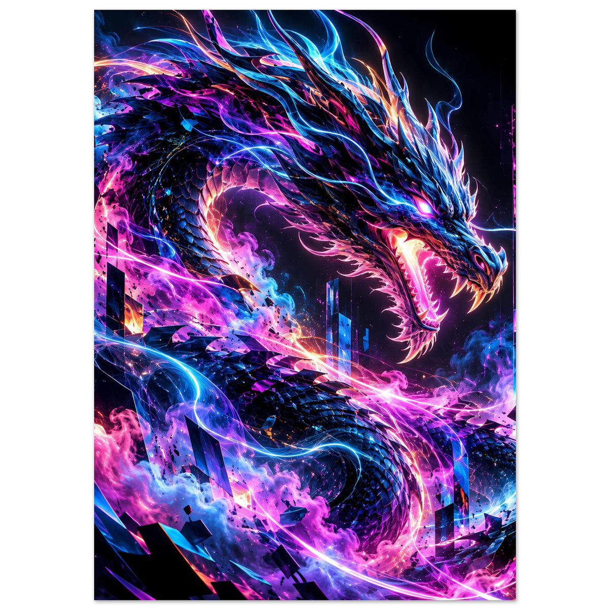 Hochformatiges Poster mit Neon-Cyberdrachen, blauen und pinken Energiewellen im Bild