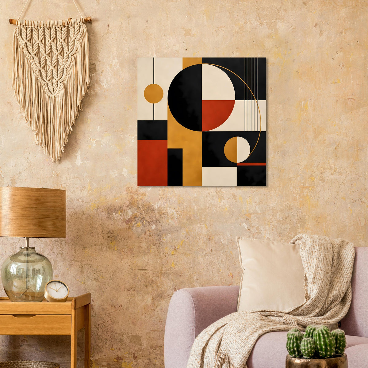 Abstrakter Kunstdruck mit Kreisen und Rechtecken in Schwarz, Rot, Beige und goldfarbenen Akzenten.