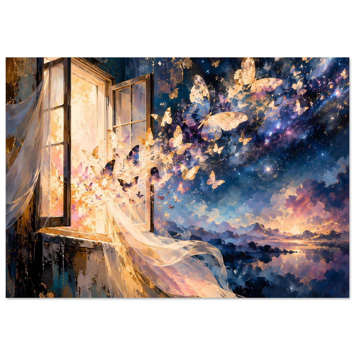 Horizontales Kunstposter mit Schmetterlingsschwarm, Sternen und leuchtenden Wolken