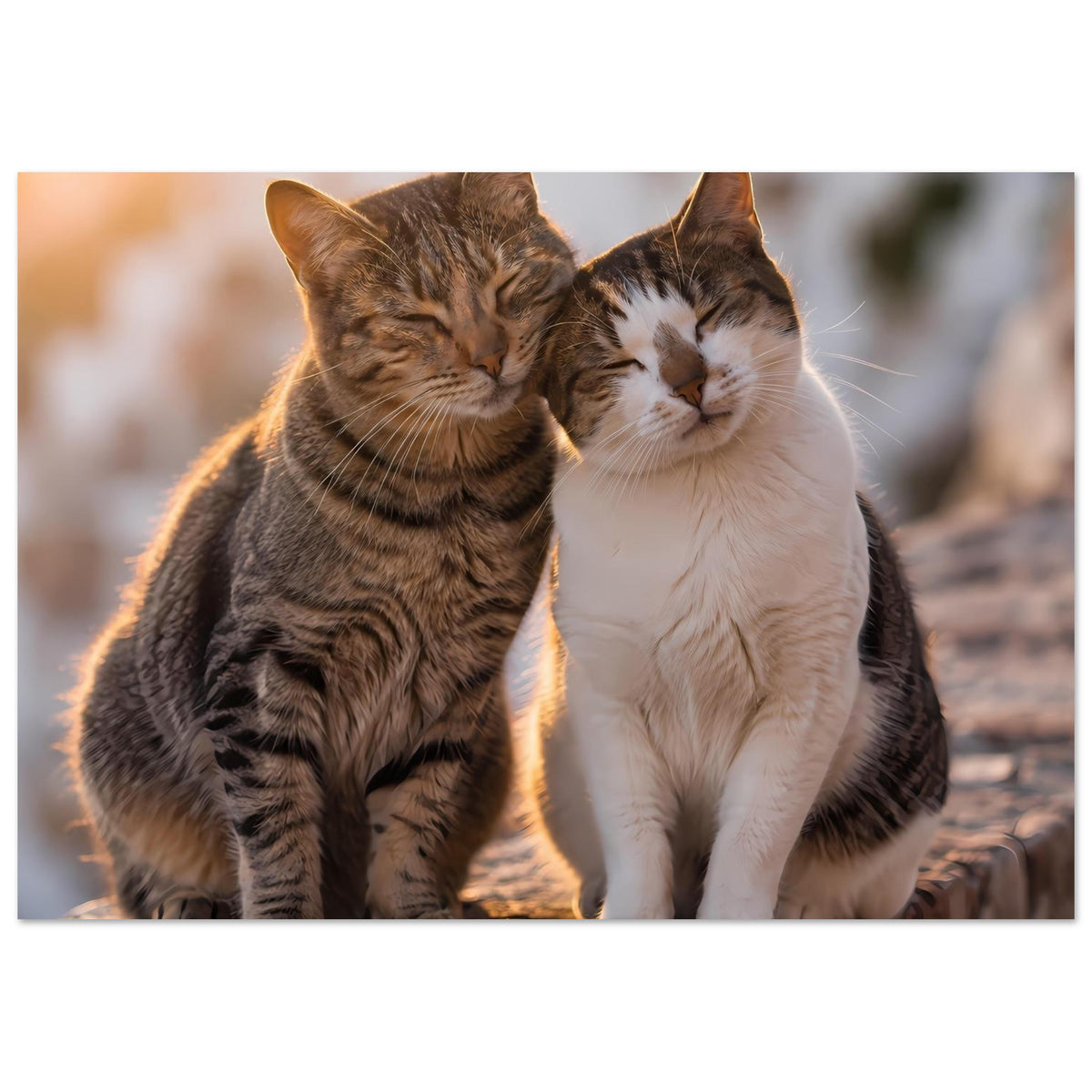 Katzenposter: zwei Katzen kuscheln, braun getigert und weiß, auf einer Steinmauer sitzend