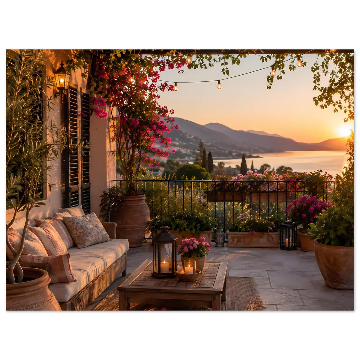 Wohnzimmerposter mit Terrasse bei Sonnenuntergang, Kerzenlaterne, Couchecke und Blumen