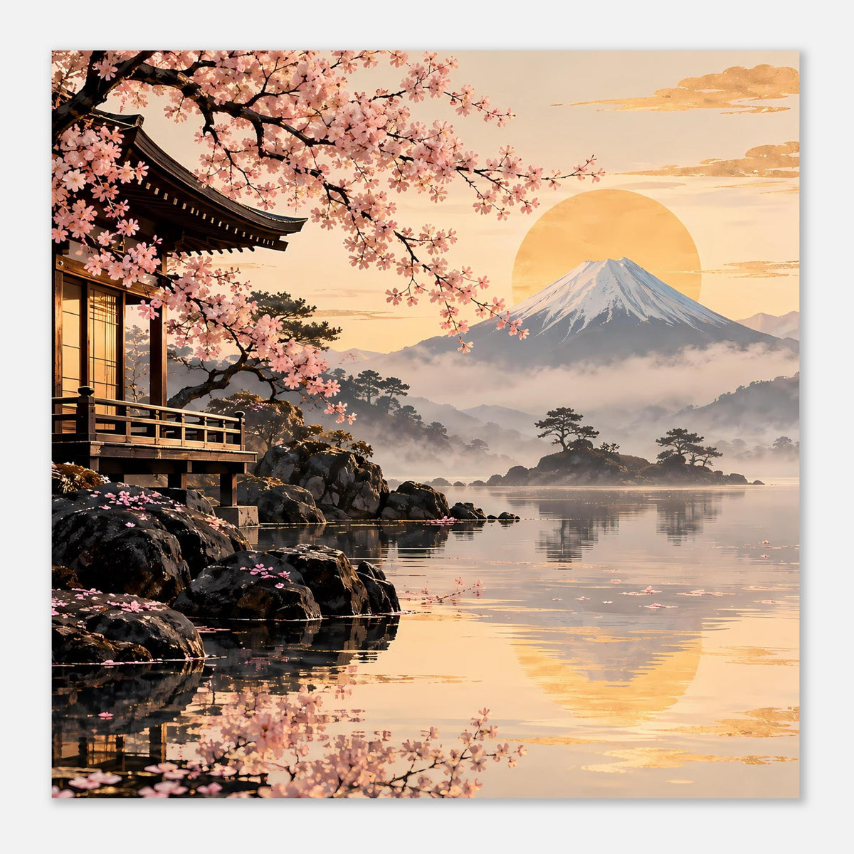 Sakura-Poster mit Tempel links, Kirschblüten, Berg Fuji, Seeufer und Abendhimmel