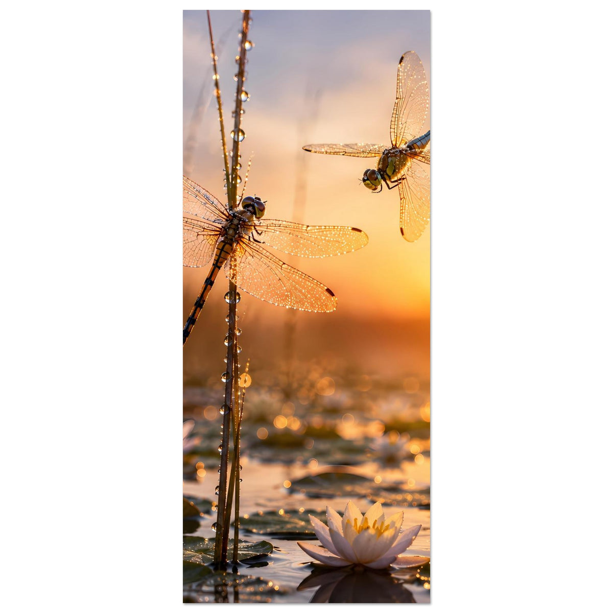 Poster im Hochformat mit zwei Libellen über Seerosen und Abendsonne