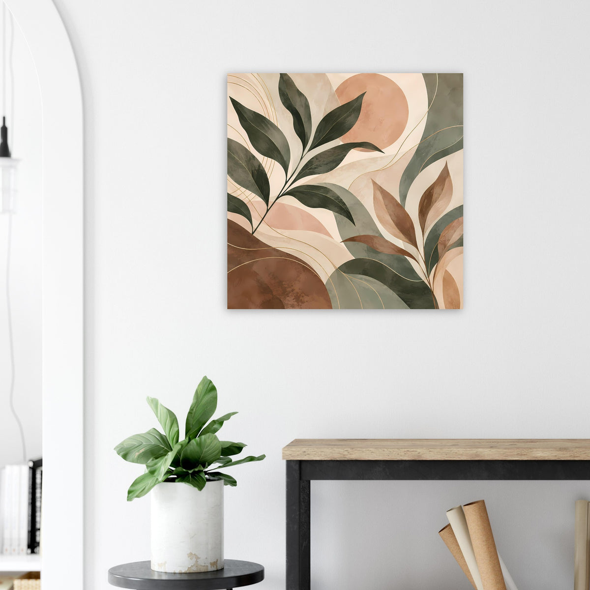 Quadratisches Kunstposter mit abstrakten Blättern auf hellem Grund in Grün und Beige