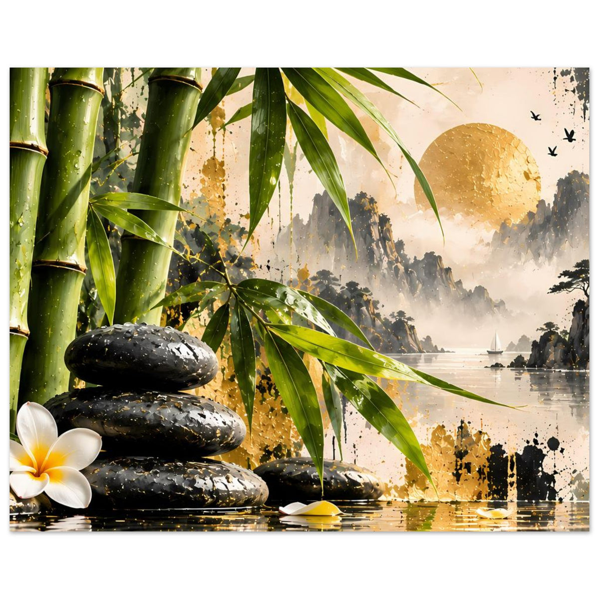 Harmonie-Poster mit Bambus, schwarzen Steinen, goldener Sonne, Plumeria-Blüte