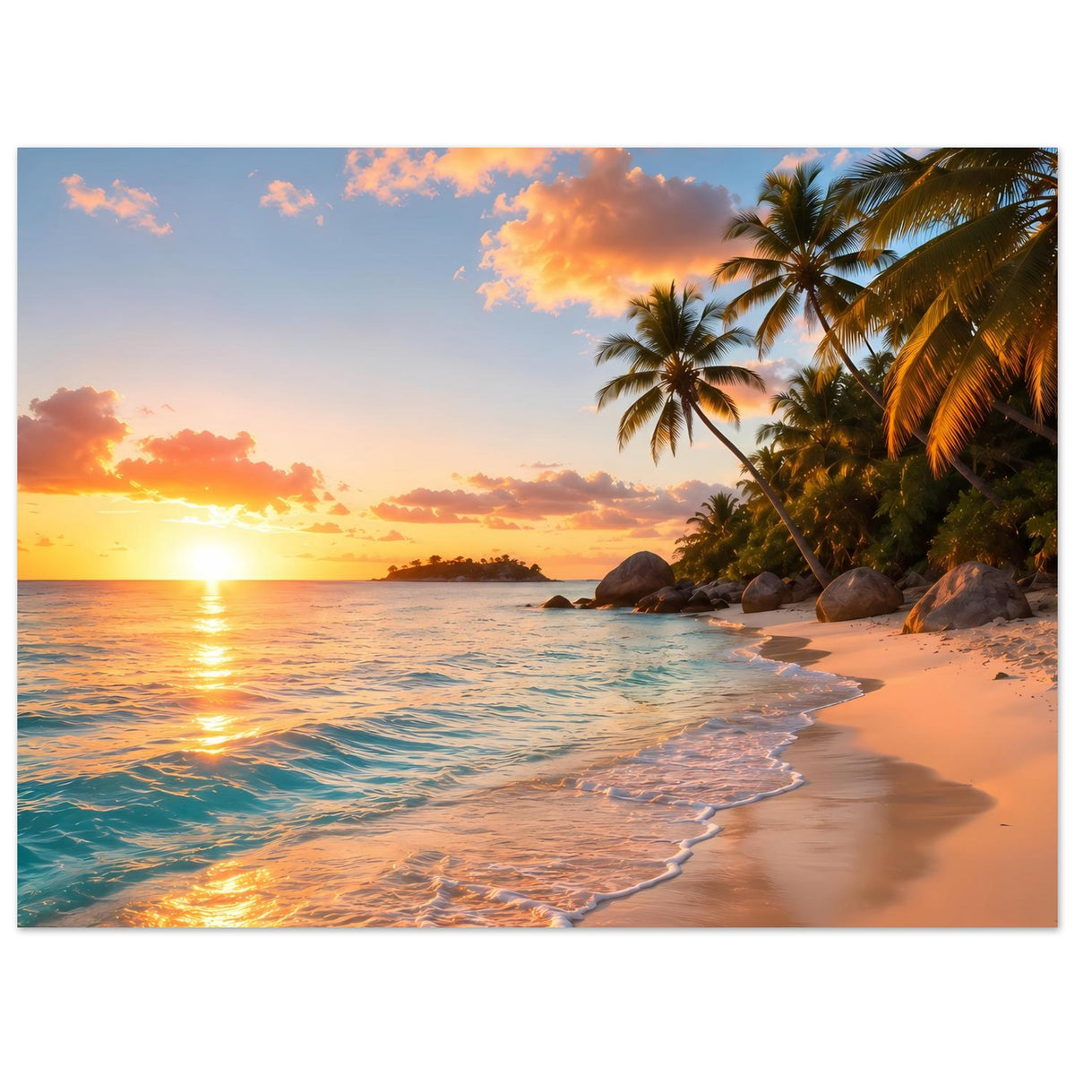 Horizontales Poster mit Strandlinie, Palmen und warmem Himmel beim Sonnenuntergang