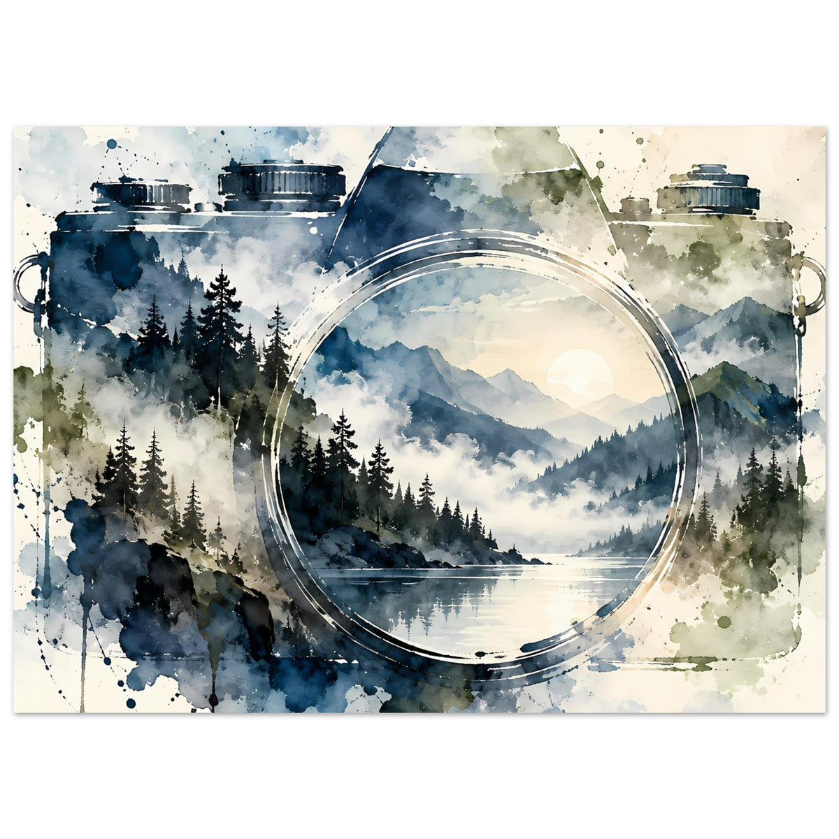 Querformat-Poster mit Vintage-Kamera, runder Linse und Aquarellwald bei Sonnenlicht