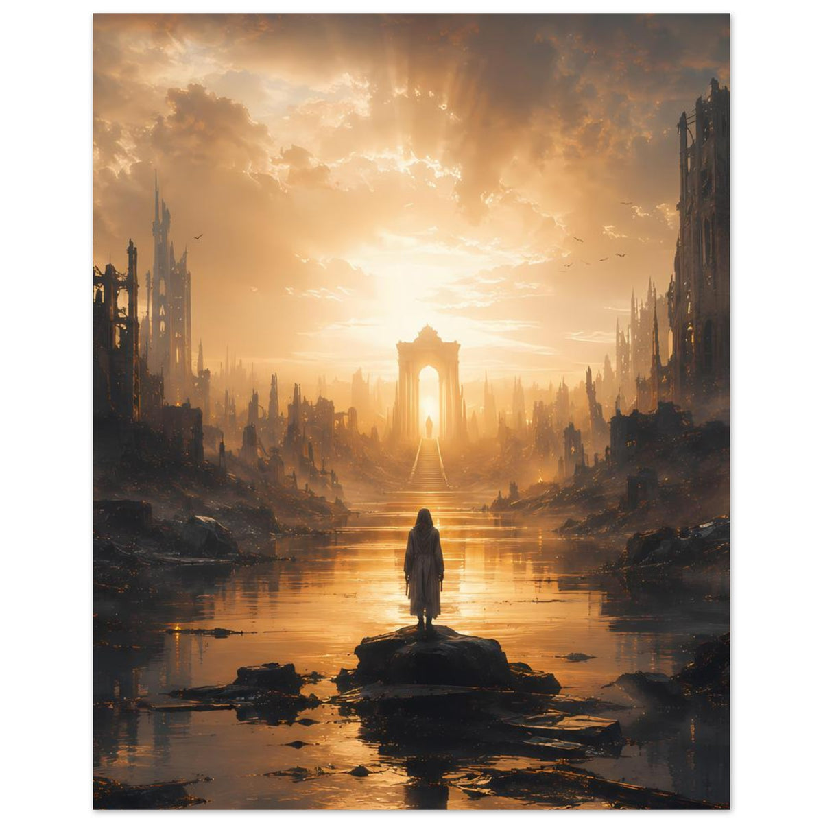 Postergrafik im Hochformat: zerstörte Stadt, Fluss mit Figur auf Felsen vor leuchtendem Wahrzeichen