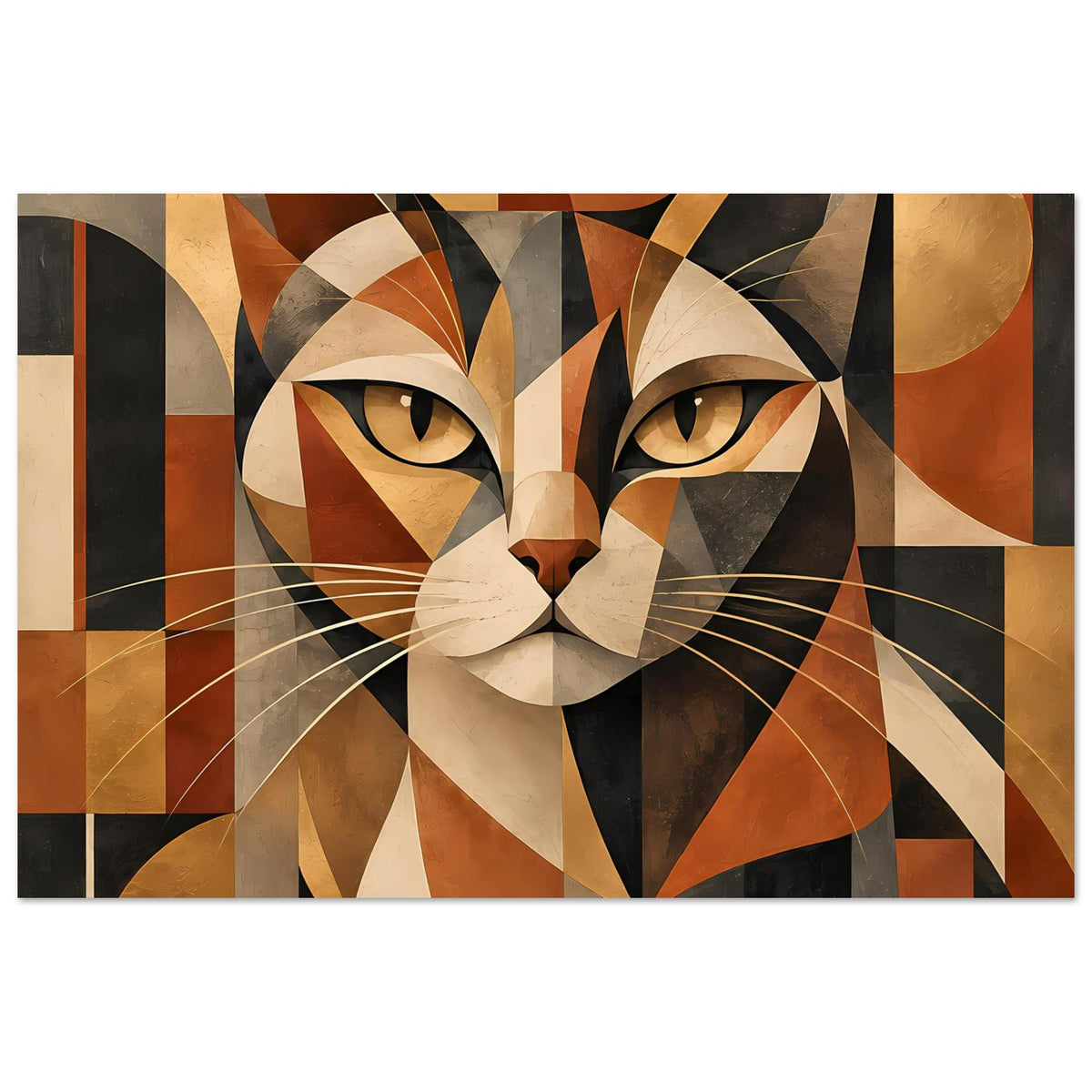 Poster mit geometrischer Katze in warmen Erdtönen, facettiertes Gesicht und lange Schnurrhaare
