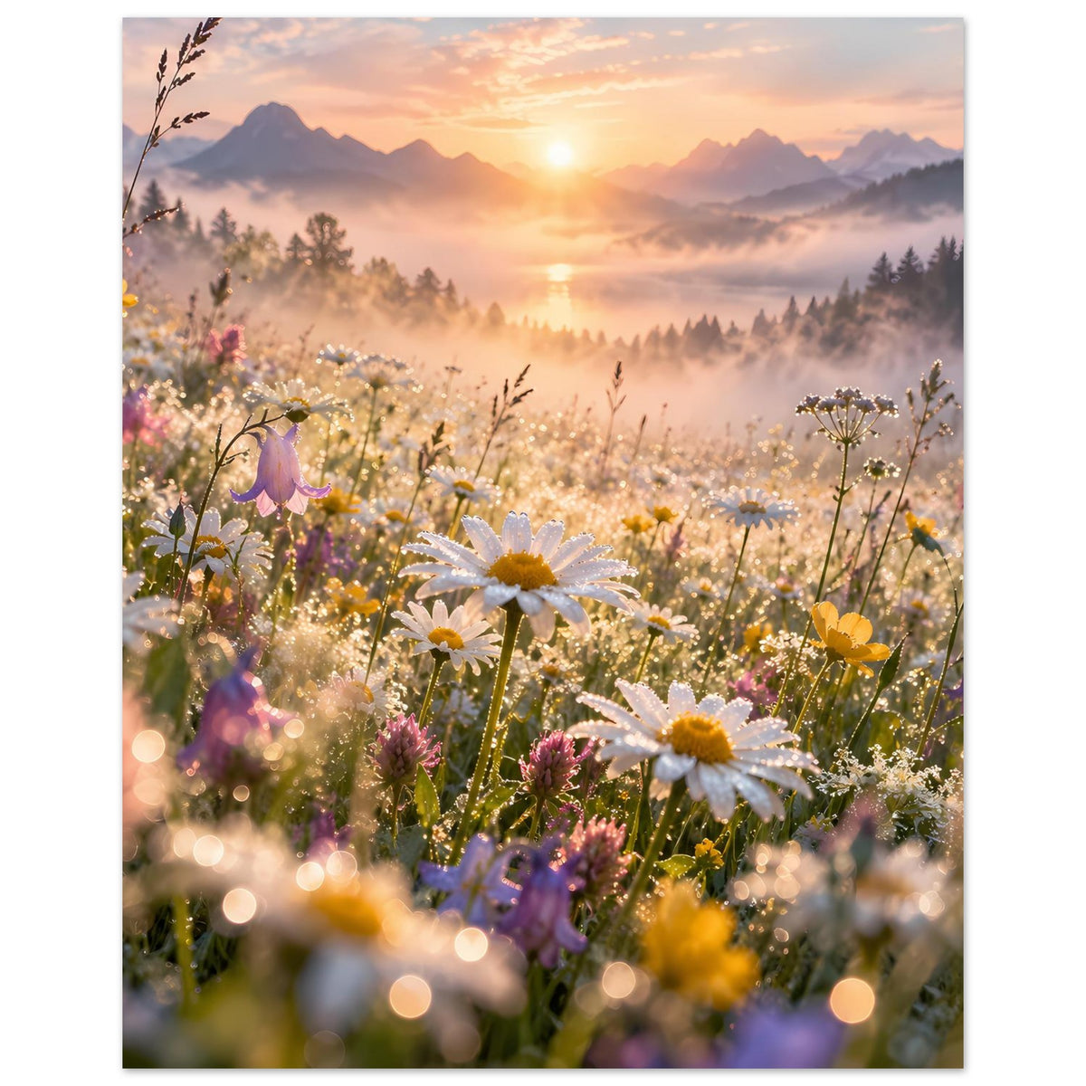 Hochformat-Poster mit bunten Wildblumen, Gänseblümchen und Bergen im Hintergrund