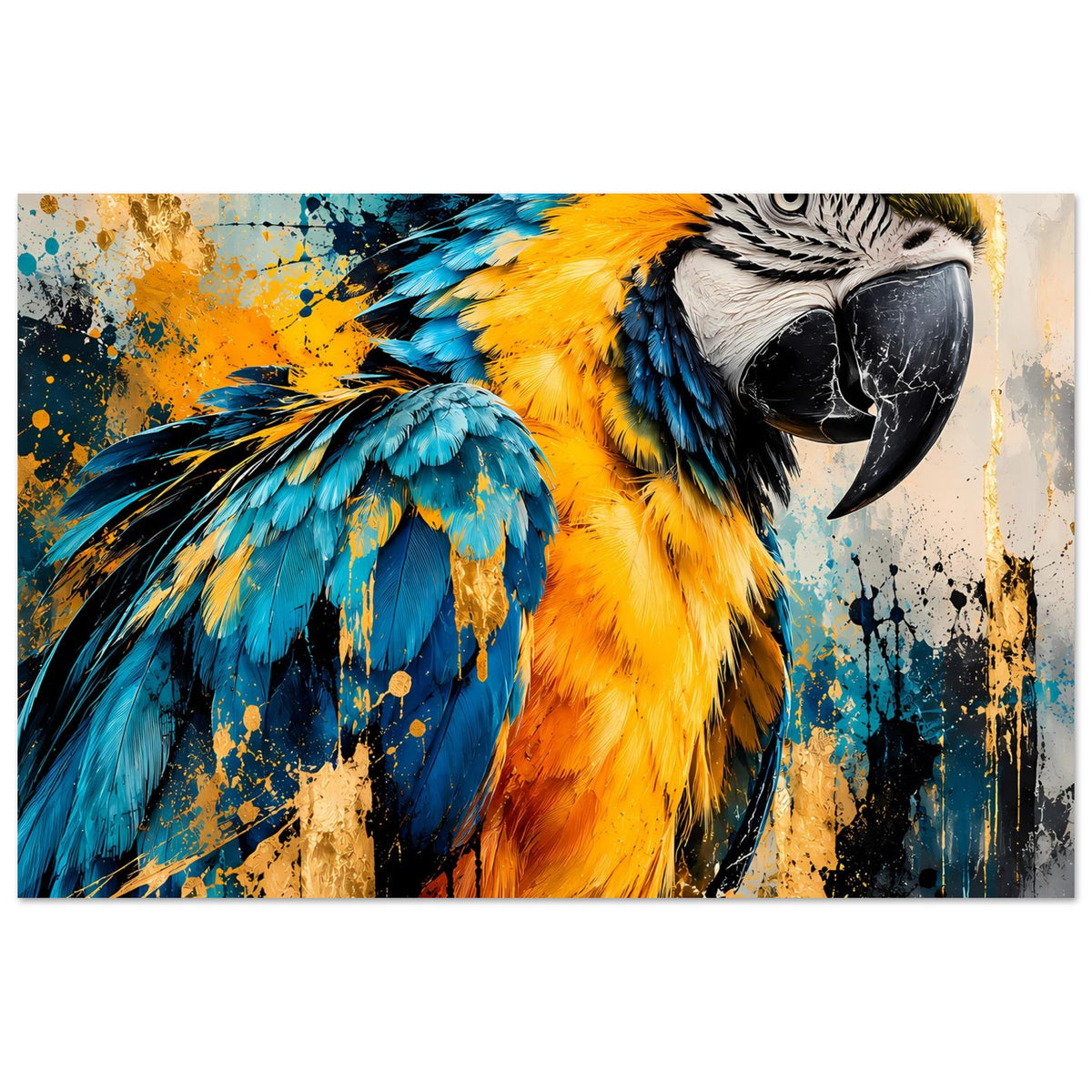 Kunstposter mit Papagei, gelb-blaue Federn, Spritzfarben und schwarzer Schnabel, horizontal