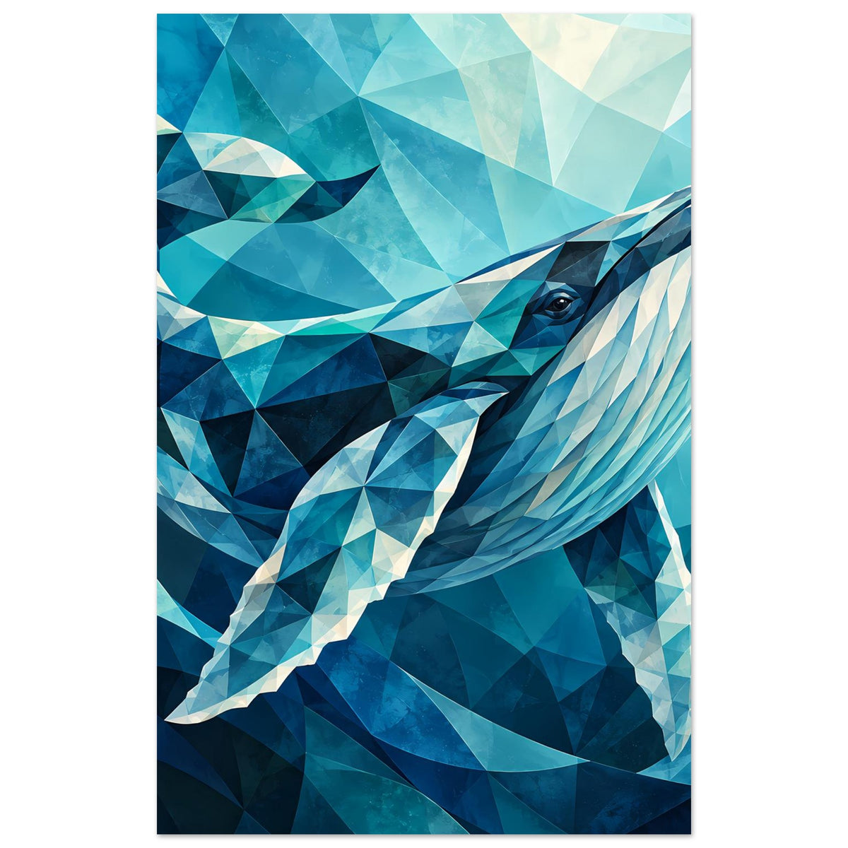 Geometrisches Blauwal-Poster im Hochformat, türkisfarbene Dreiecksoptik und weißer Walflanke