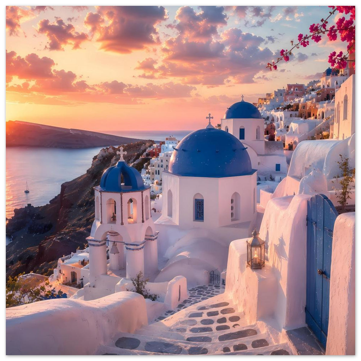 Fotoposter mit großer blauer Kuppel, weißen Wänden und Abendhimmel über dem Meer in Santorini