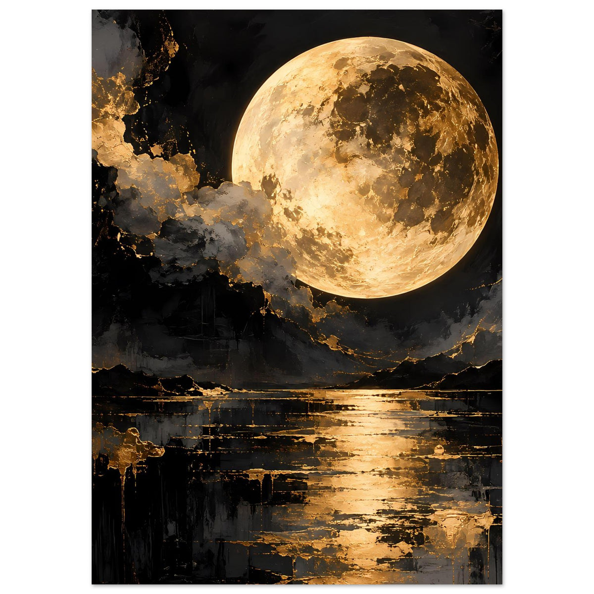 Wandposter mit goldener Vollmondscheibe über dunklem Ufer, Fels und Flussreflexen