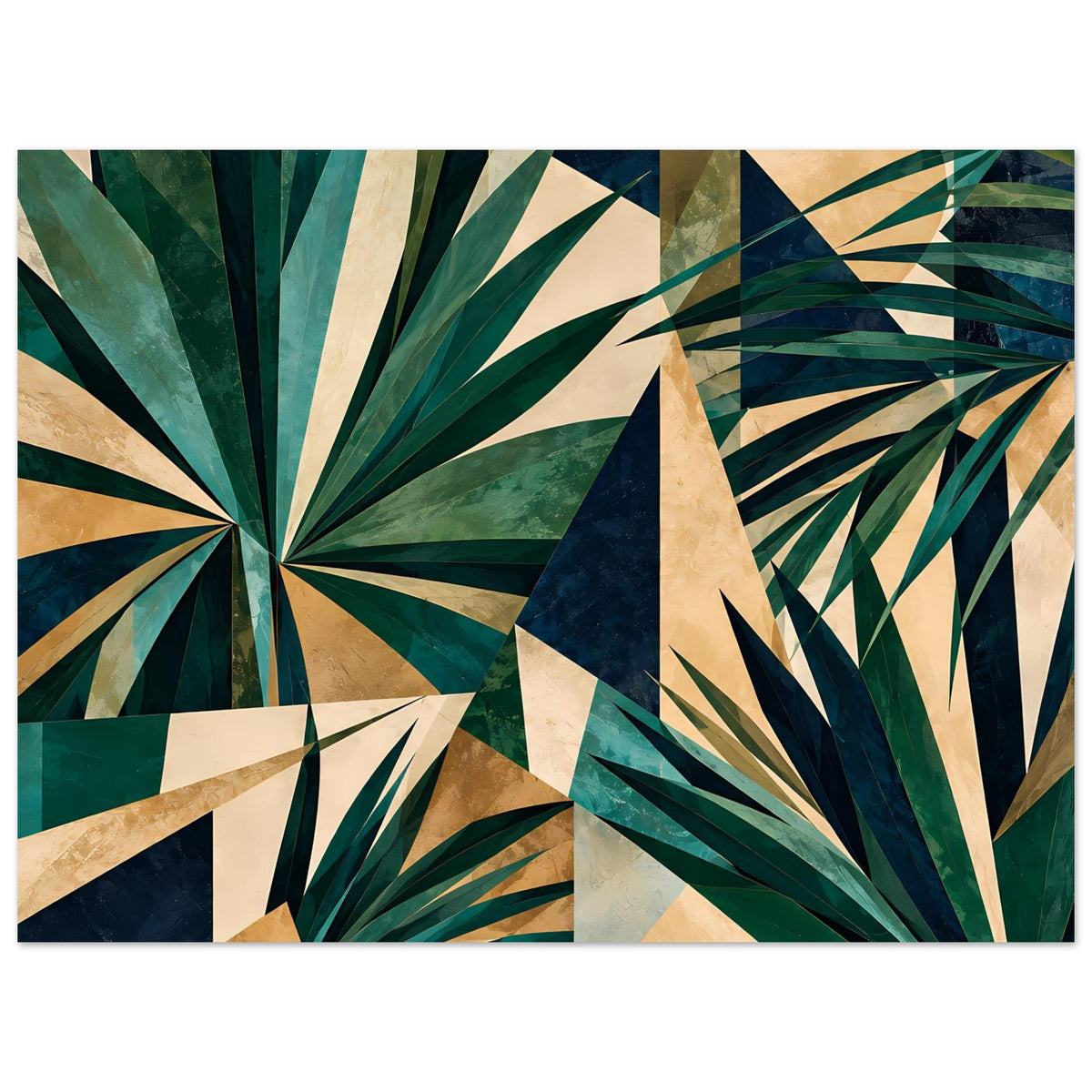 Kunstposter mit geometrischen Tropenblättern in Grün und Gold, horizontal