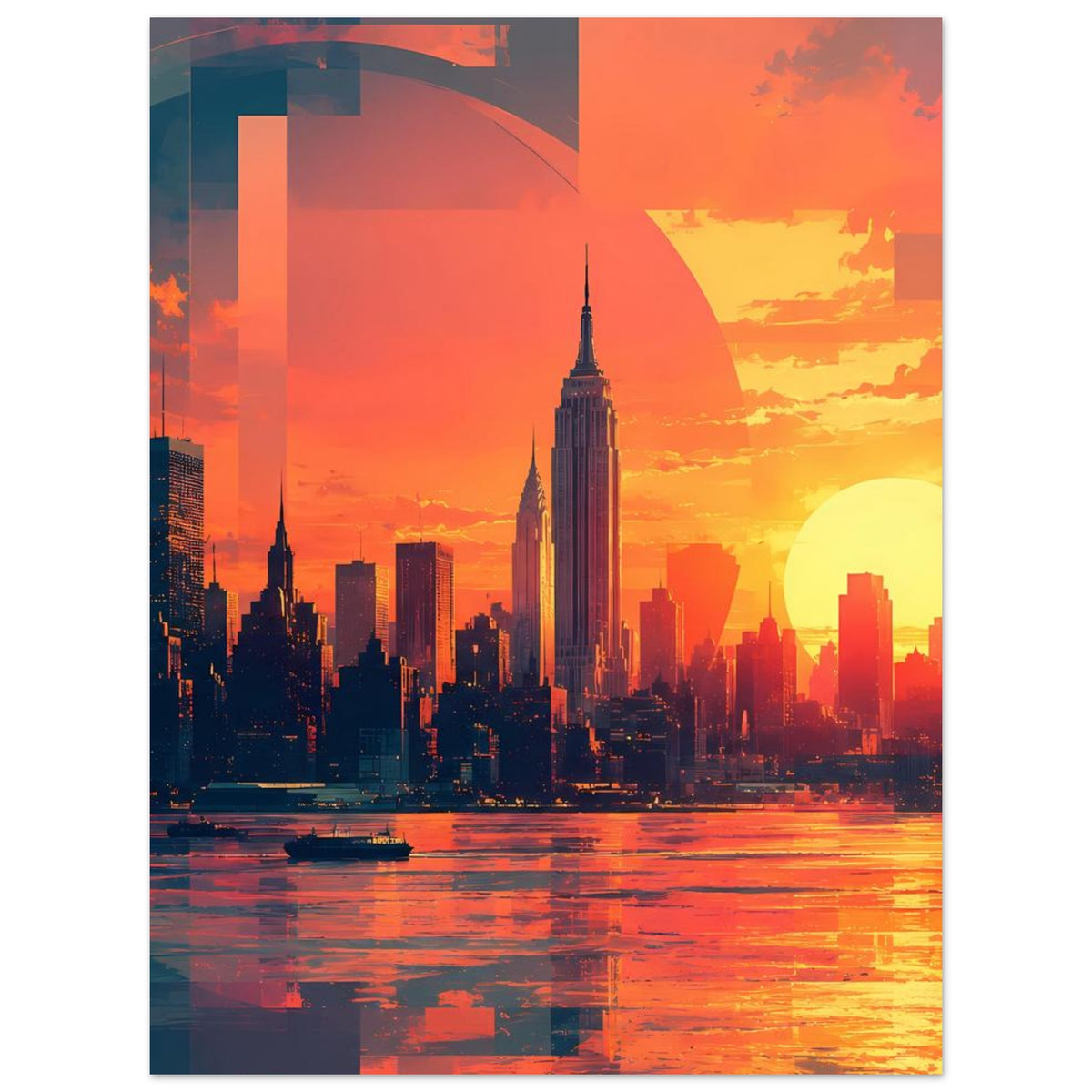 Stadtposter mit Sonnenuntergang, Skyline und großer gelber Sonne im orangefarbenen Bogen