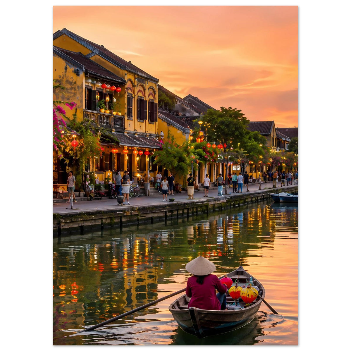 Poster: Uferpromenade bei Sonnenuntergang mit Laternen und Boot im unteren Bereich