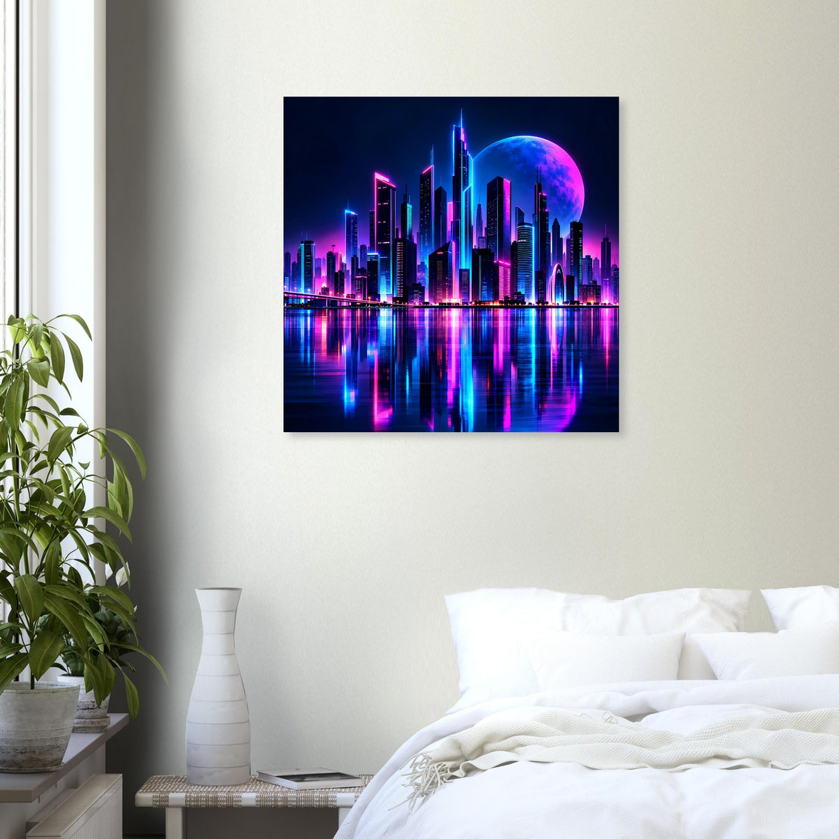 Neon-Stadtmotiv auf Poster: Hochhäuser in Blau/Pink mit Mond und farbiger Spiegelung