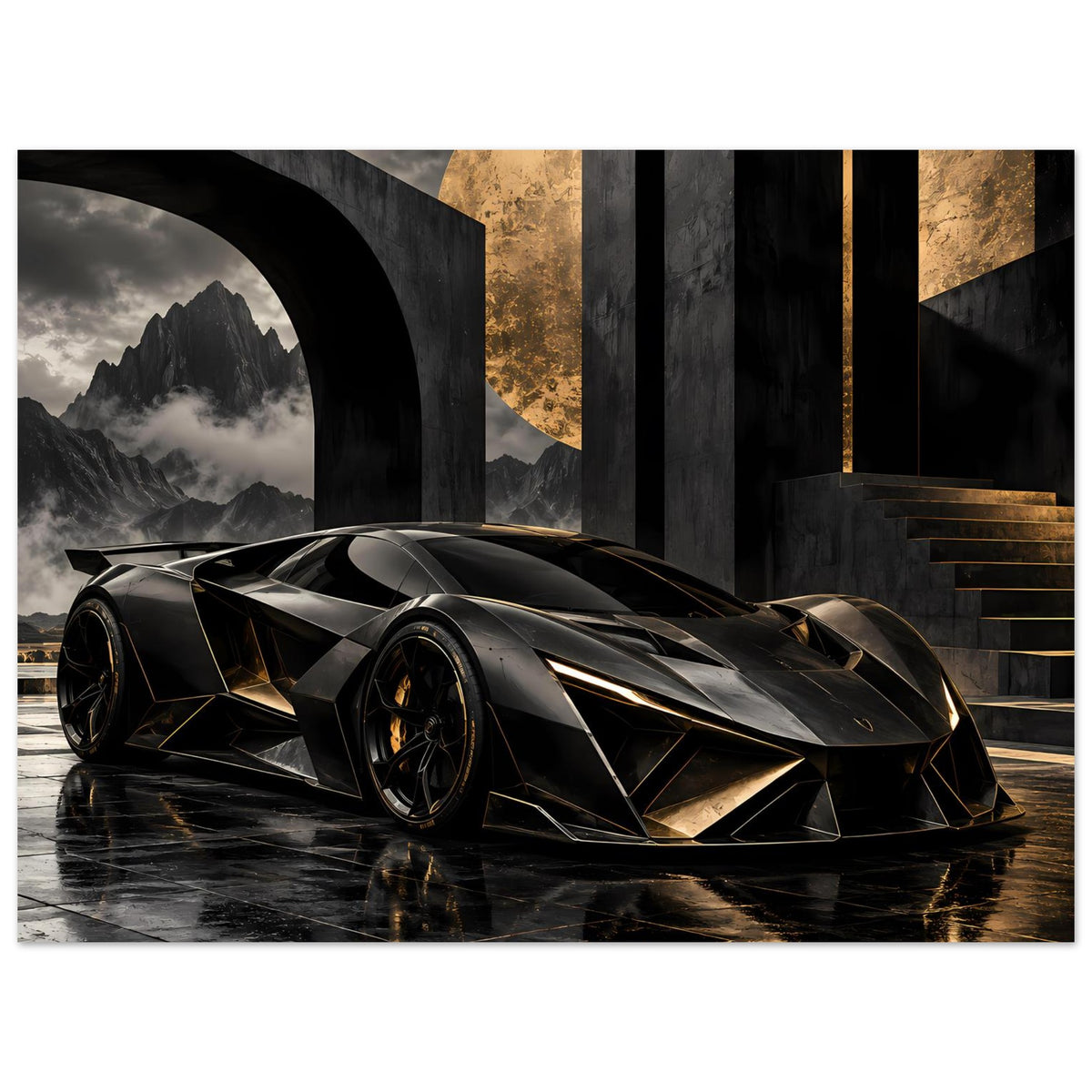 Autoposter mit futuristischem Supersportwagen in Schwarz und Gold, Frontansicht mit Konturen