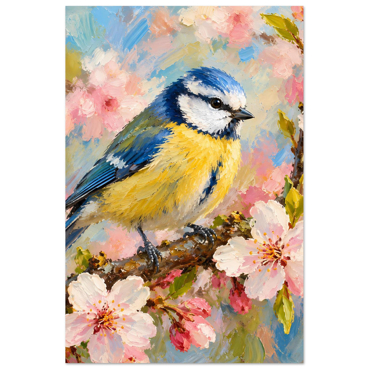 Kunstdruck-Porträt: blauer und gelber Vogel auf Ast mit rosa Blüten, Hochformat