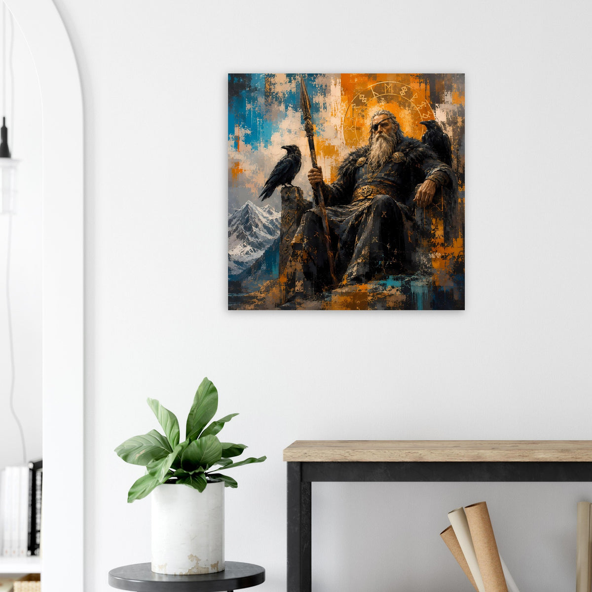 Poster mit Odin und Rabe in dunklen Gewändern, Hintergrund in Blau-Orange mit rauer Textur