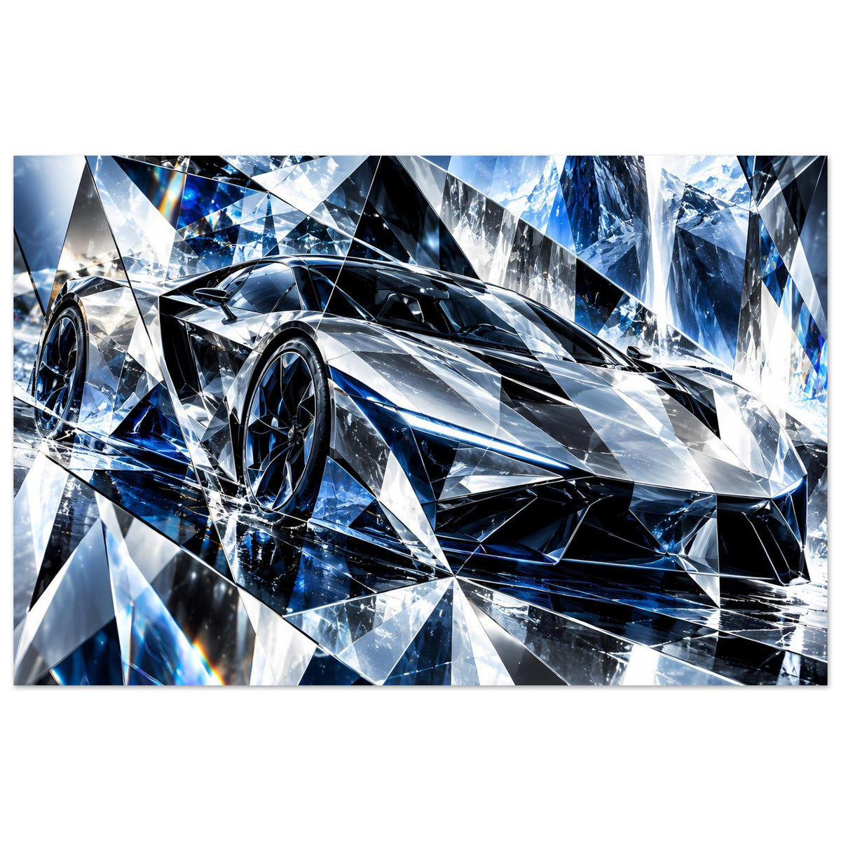 Sportwagen-Poster mit blau-silbernem Kristall-Design und futuristischem Auto