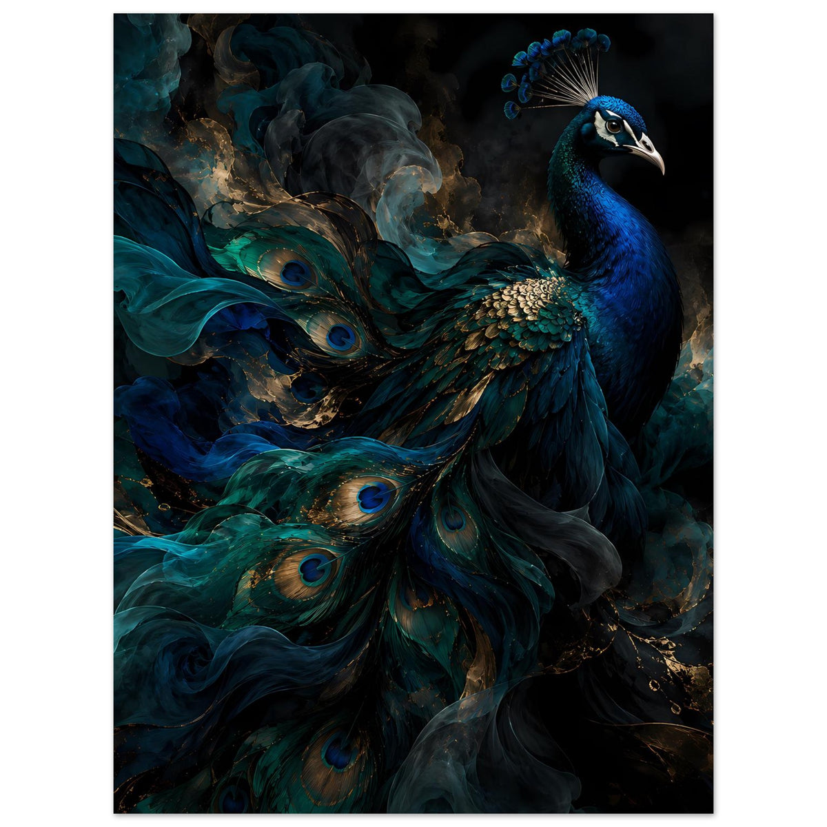 Vertikales Poster mit Pfau und goldenen Federakzenten, Blau-Grün