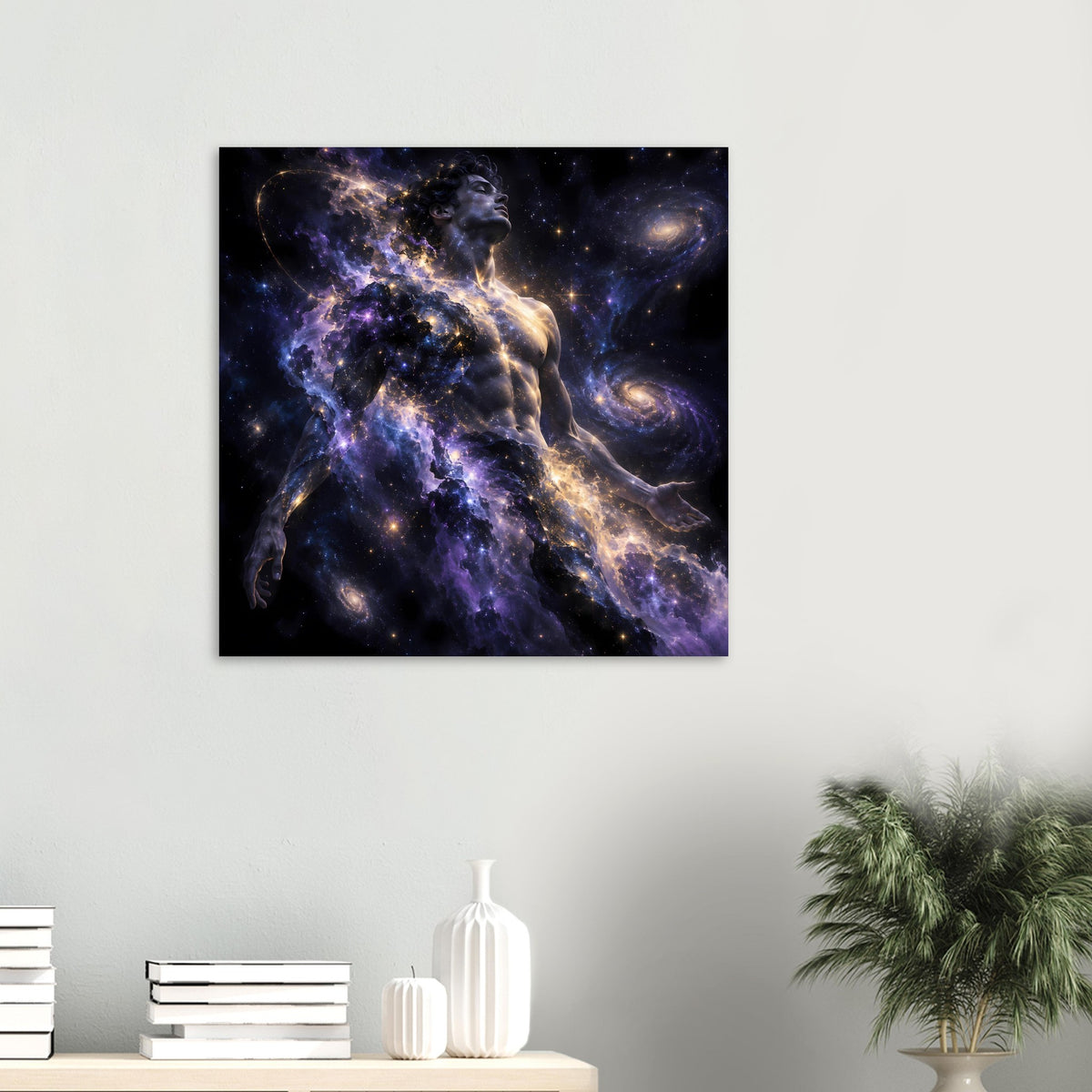 Galaxienposter im Hochformat: männliche Figur im Weltraum, violetter Nebel und goldene Lichtbahn