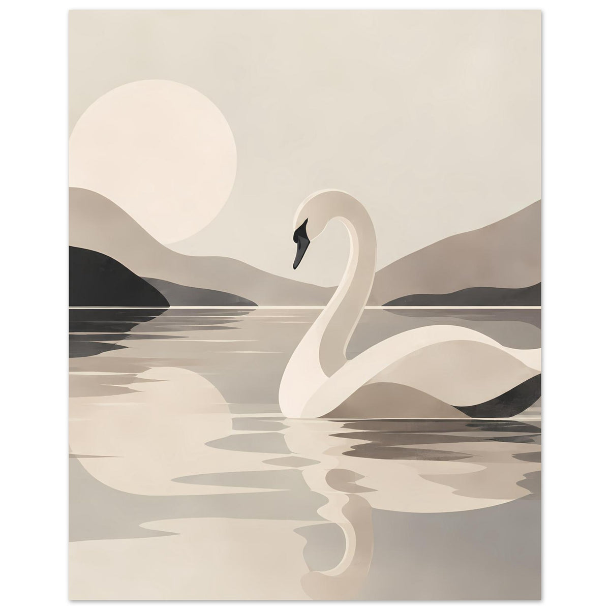 Kunstposter im Hochformat: weißer Schwan auf ruhigem Wasser mit Spiegelung