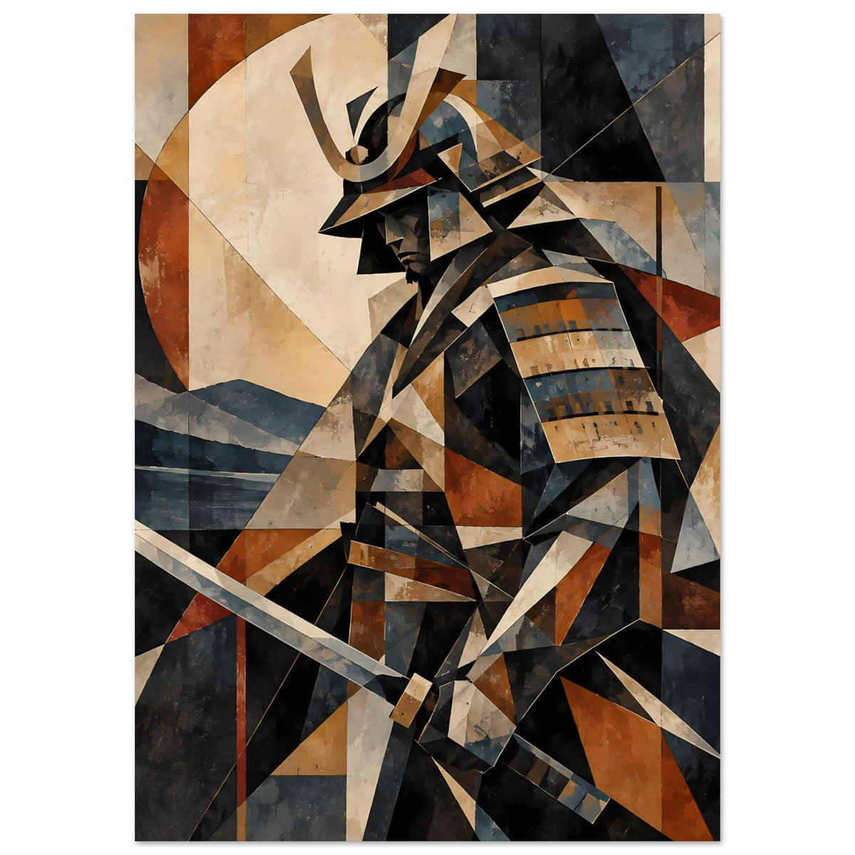 Vertikales Poster mit geometrischem Samurai-Krieger in Erdtönen und Blau, Helm und Brustdetails
