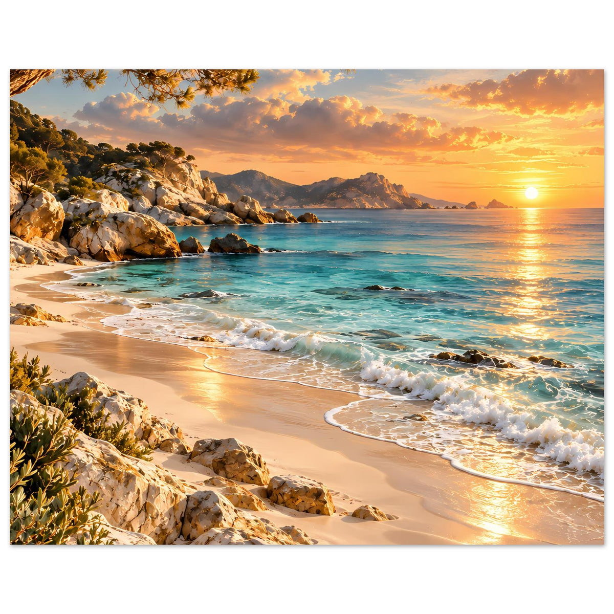 Landschafts-Poster Strand bei Sonnenuntergang mit Wellen, Felsen links und sinkender Sonne