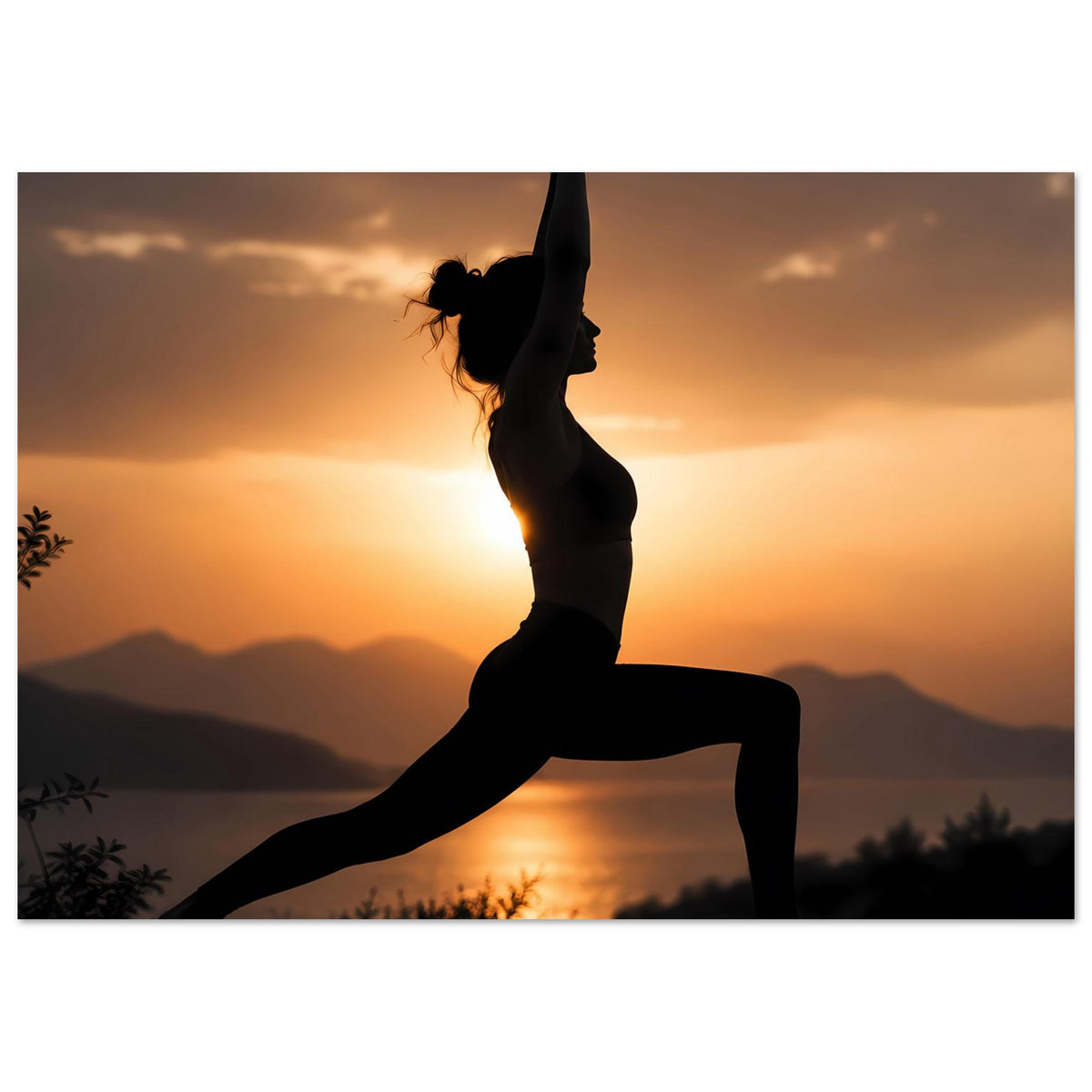 Yoga-Poster mit Silhouette in Einbein-Position und ausgestrecktem Oberkörper