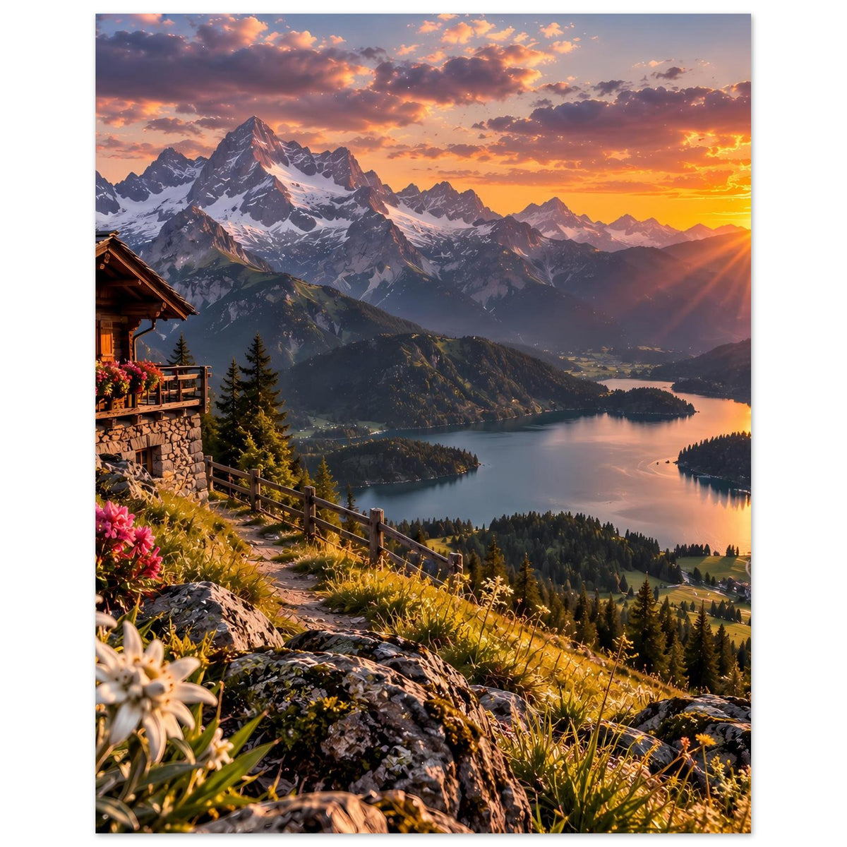 Poster mit Alpenlandschaft bei Sonnenuntergang, Berggipfel, See und Tal mit Weidezaun