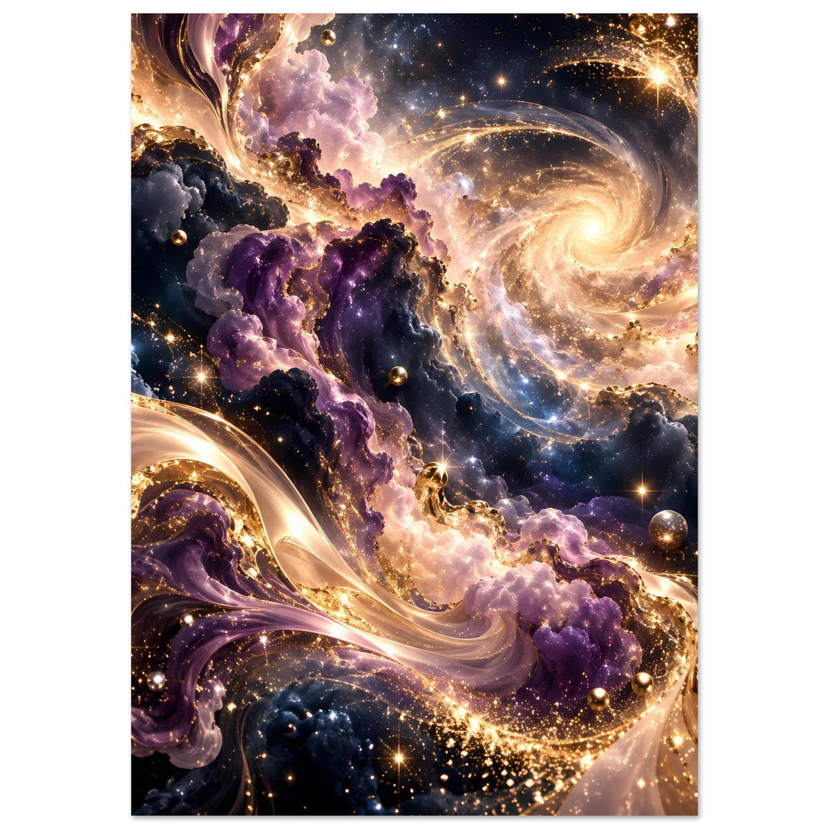 Kunstdruck mit Blick auf Spiralstruktur, violette Wolken und goldene Lichtlinien