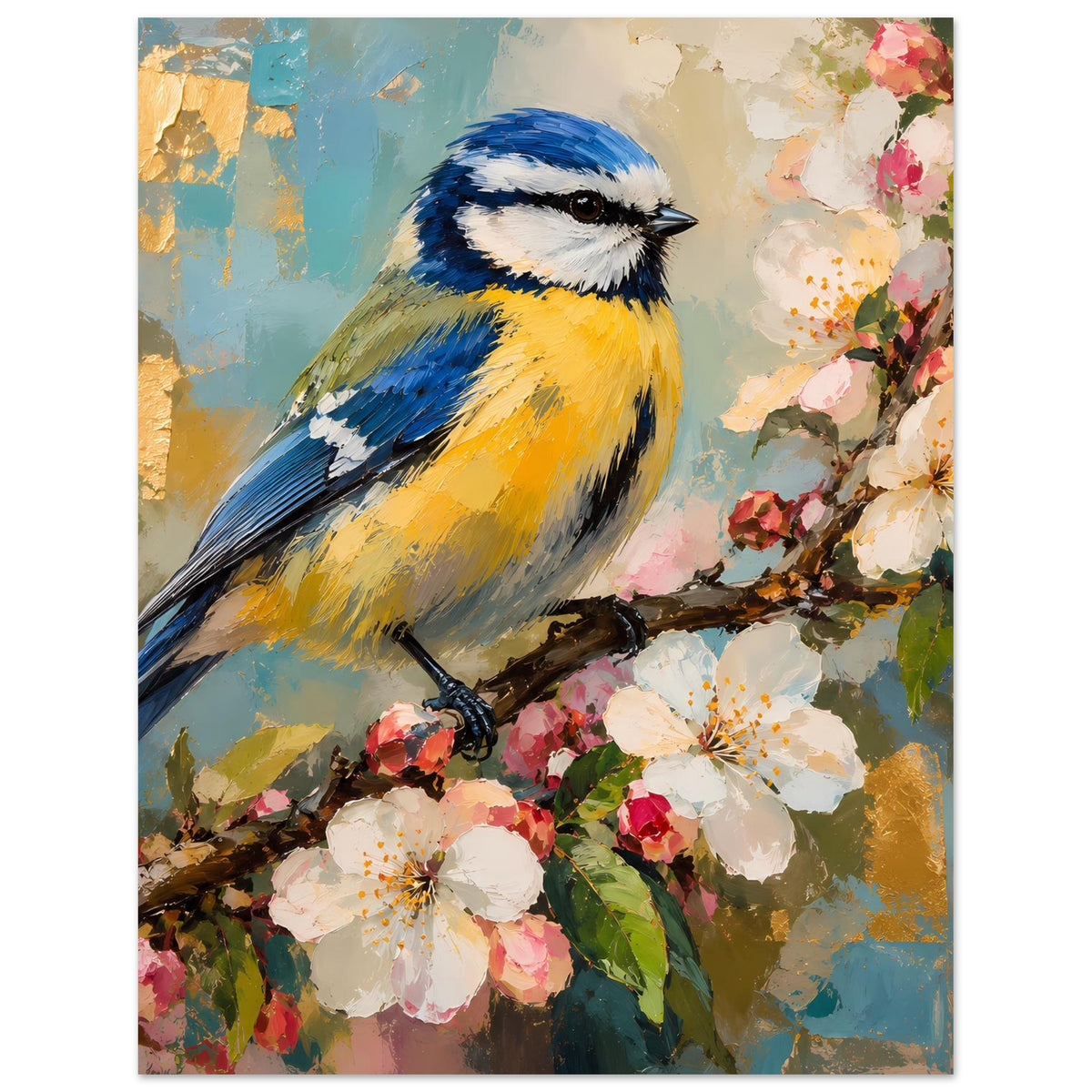 Vogelkunst-Poster, Hochformat: Nahsicht eines Blau-Gelb-Vogels auf Zweig mit Frühlingsblüten.