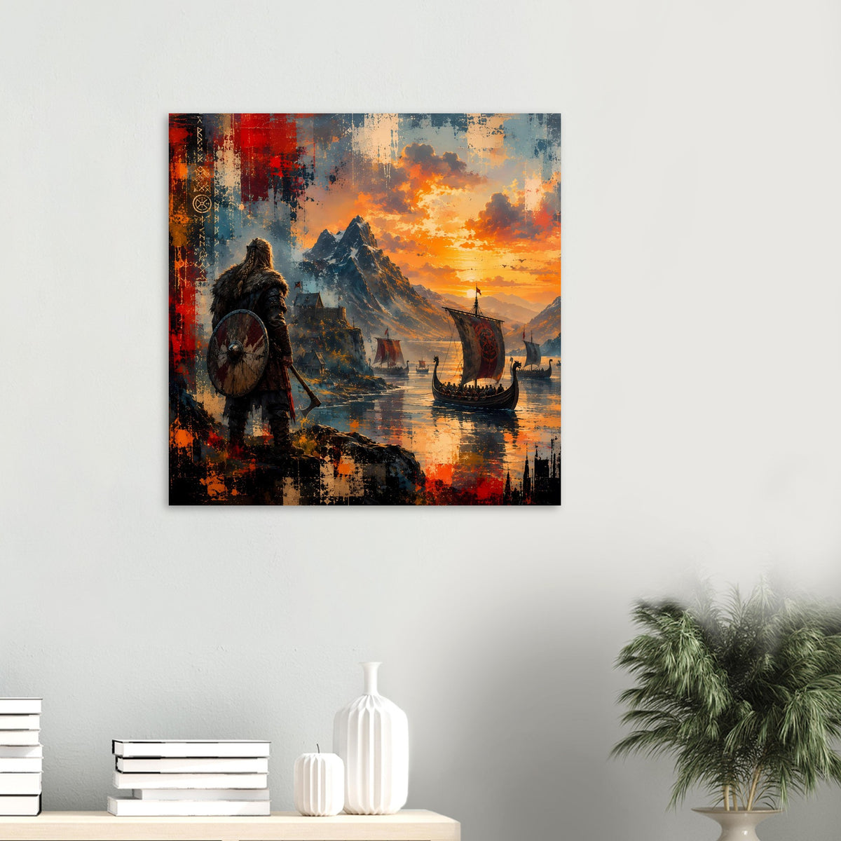 Quadratisches Poster mit Wikingerkrieger, Langboot und Sonnenuntergang in Blau-Orange
