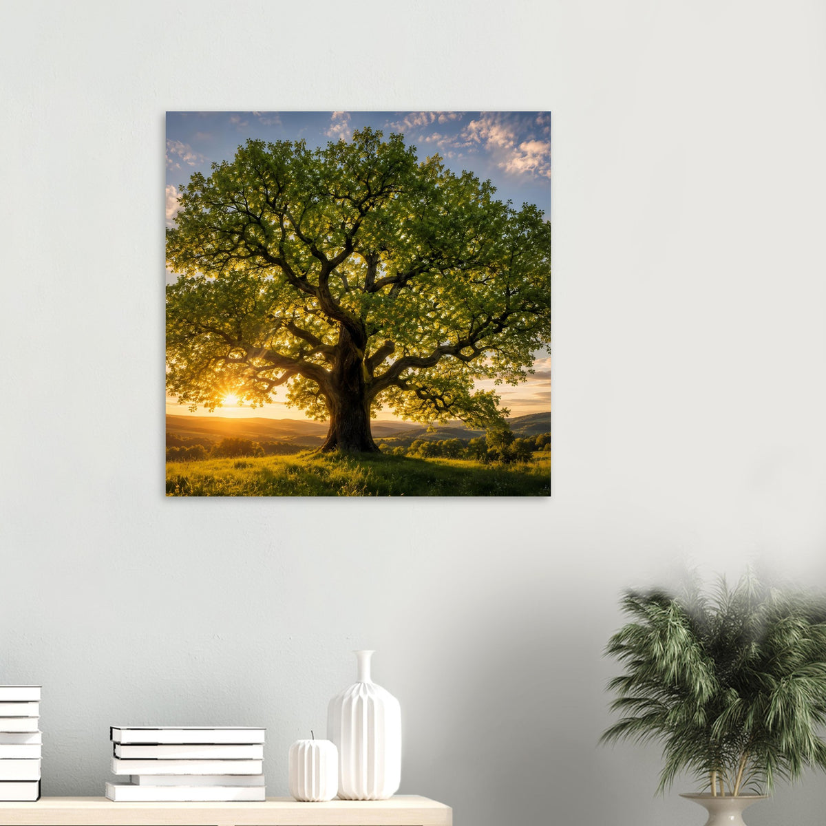 Wandbild-Poster: Baum mit grünen Blättern und goldener Sonne, mittig an der Wand