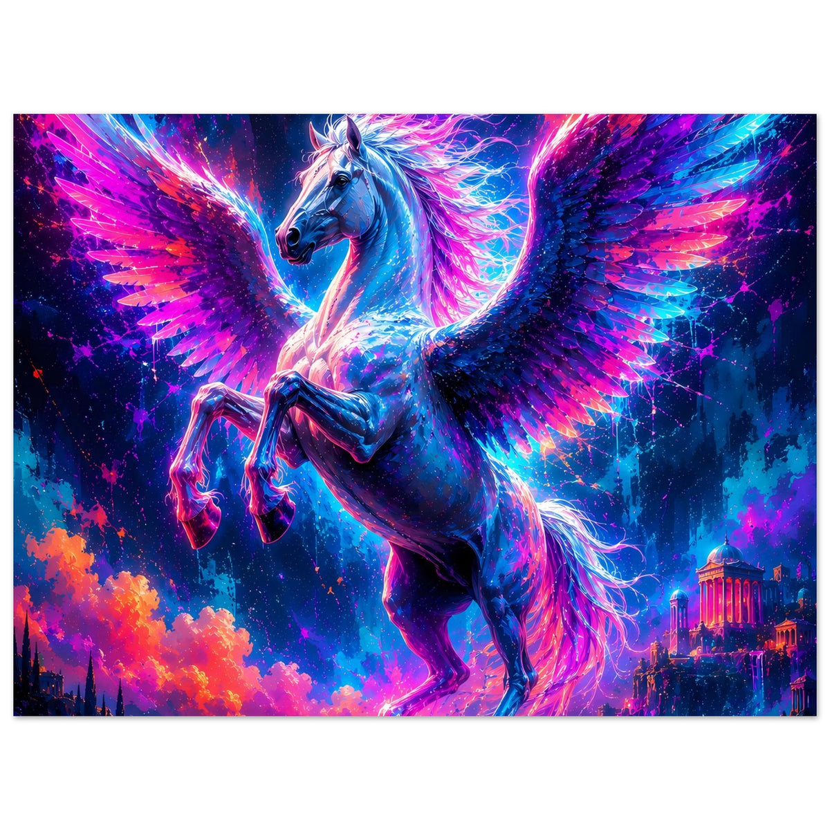Leuchtendes Pegasus-Poster, blauer Pegasus mit leuchtenden Flügeln, Neonfarben im Querformat
