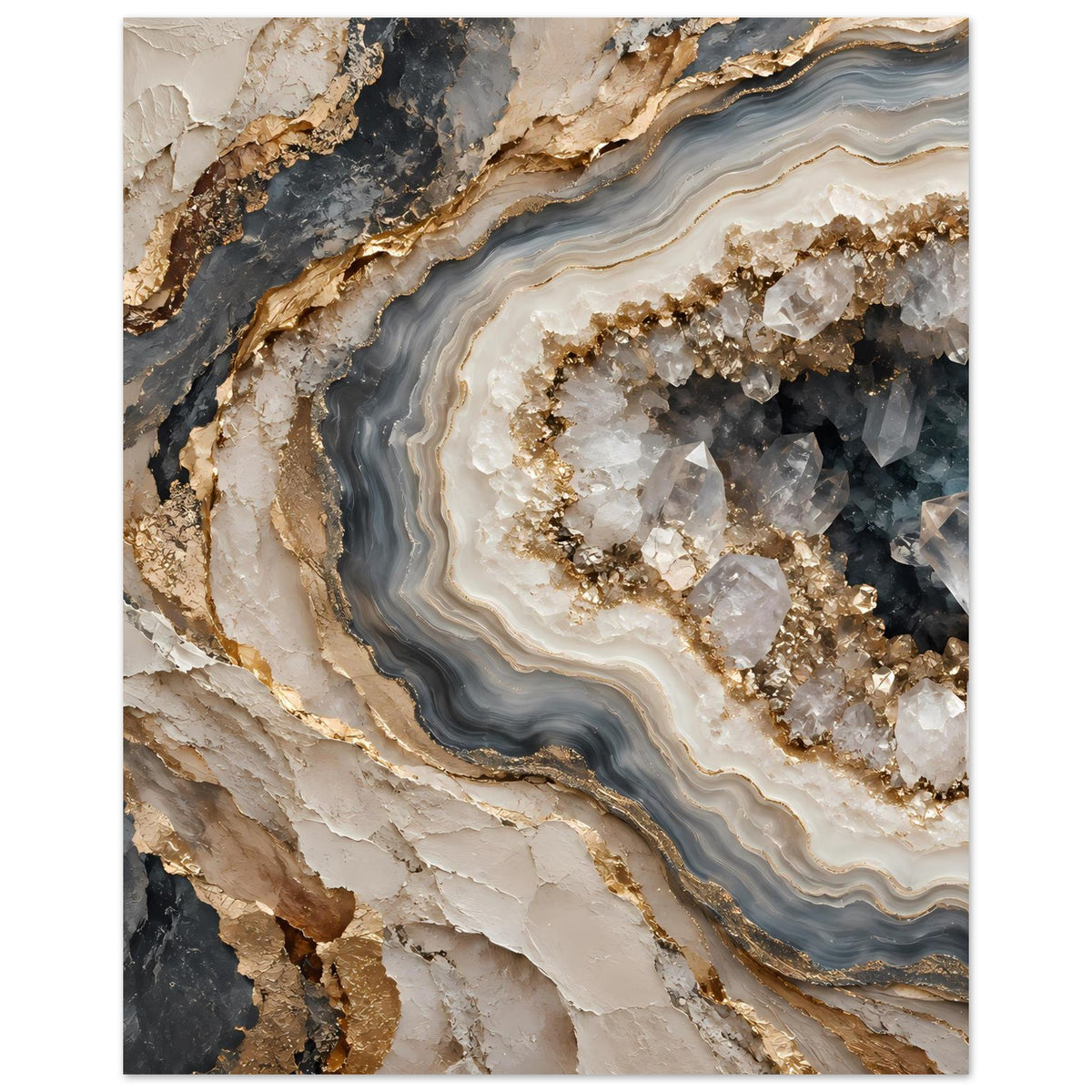 Poster mit Geoden-Schichten in Creme, Rauchgrau und Gold, vertikal
