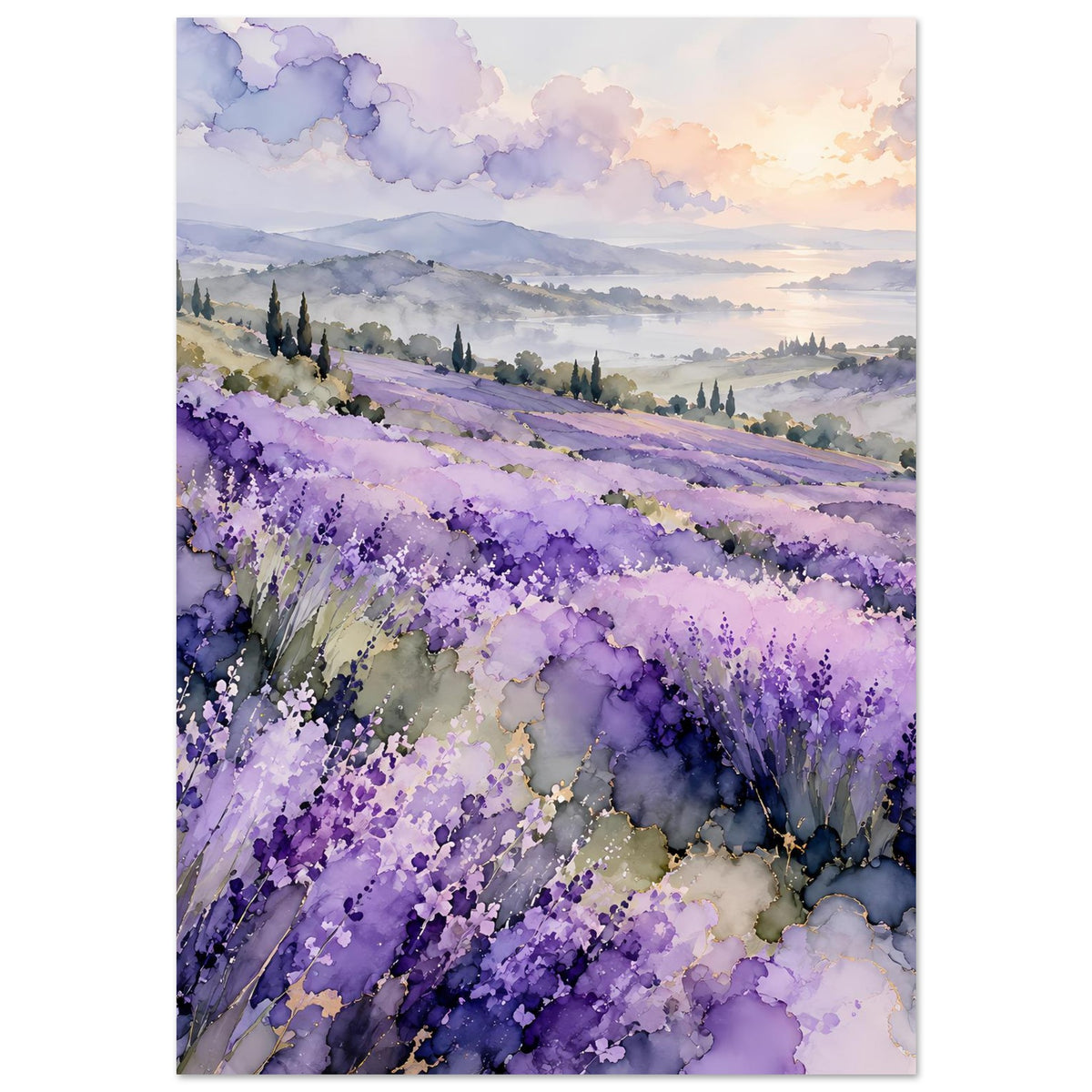 Aquarell-Landschaftsposter mit violetten Lavendelreihen, blühenden Sträuchern und warmem Himmel