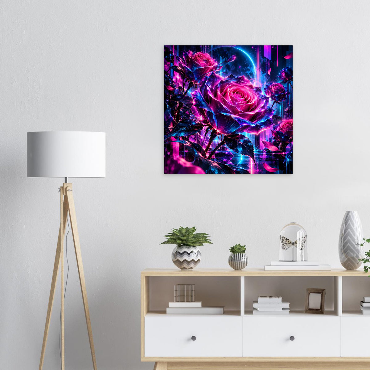 Quadratisches Kunstposter mit leuchtender Neonrose in Pink und Blau