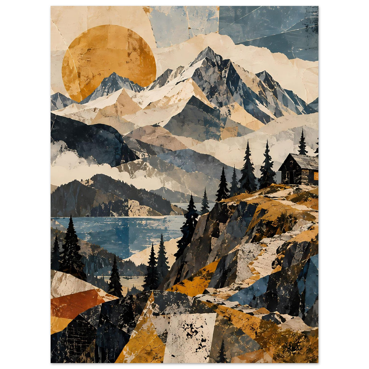 Naturposter im Hochformat mit Alpenbergen, See, Nadelbäumen und Berghütte, warm akzentuiert