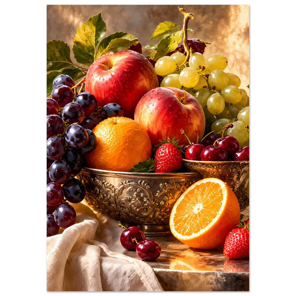 Stillleben-Poster mit Obstarrangement: Äpfel, Orange, Erdbeeren, Kirschen und Trauben