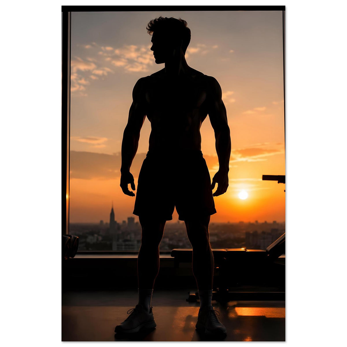 Fitness-Poster mit Sportler-Silhouette, ganzer Körper, aufrechter Stand, dunkel