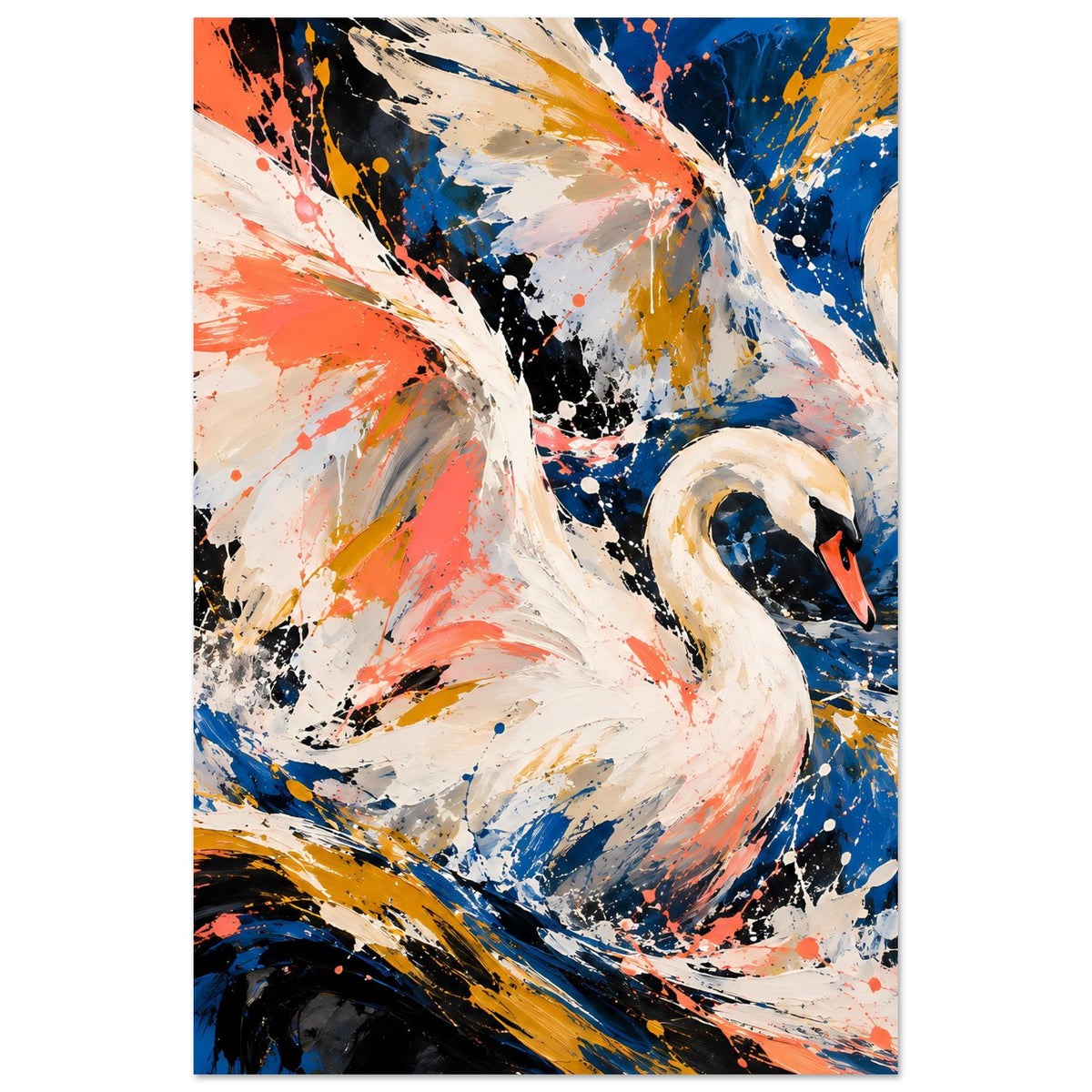 Kunstposter: weißer Schwan in Bewegung, abstrakte Farbkleckse in Koralle, Blau und Gold